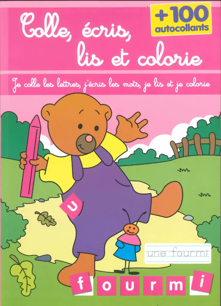 Colle, écris, lis et colorie - Ours rose