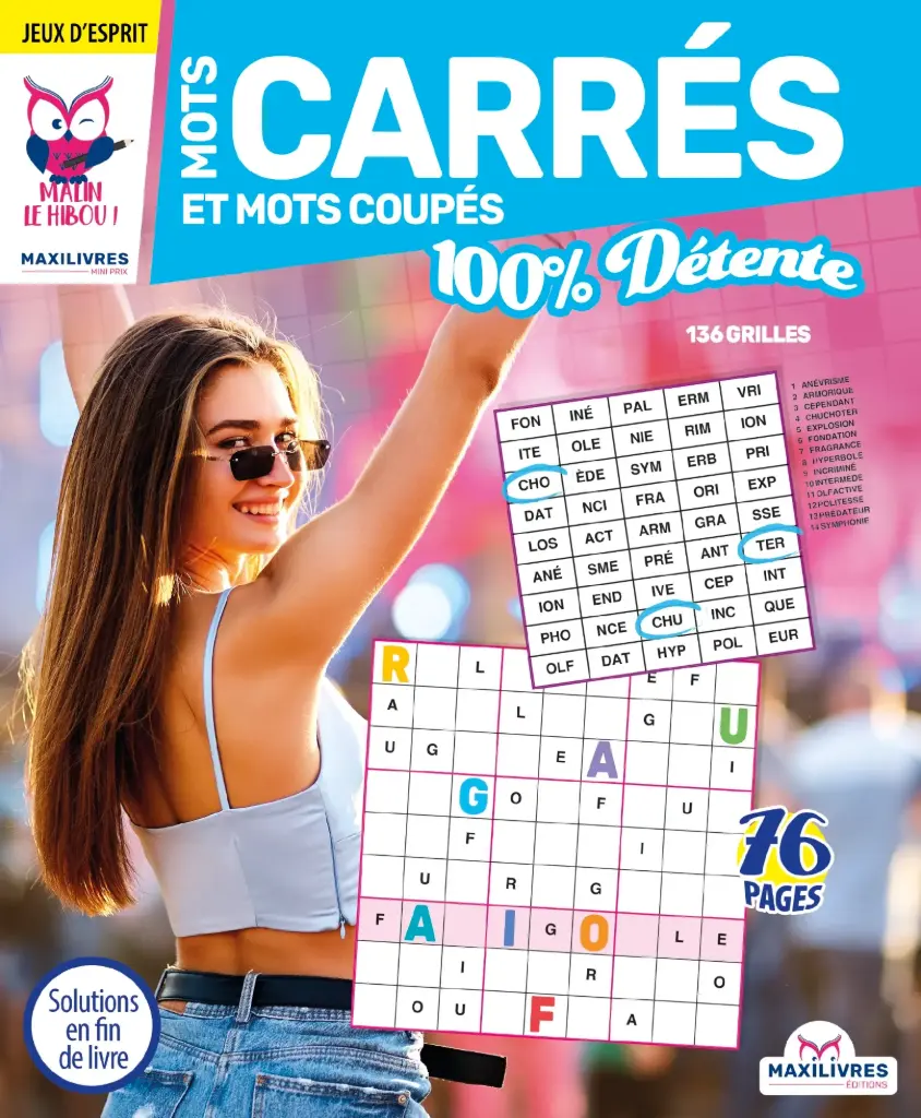 Hibou Malin - Mots carrés et mots coupés 100% détente - 136 grilles 