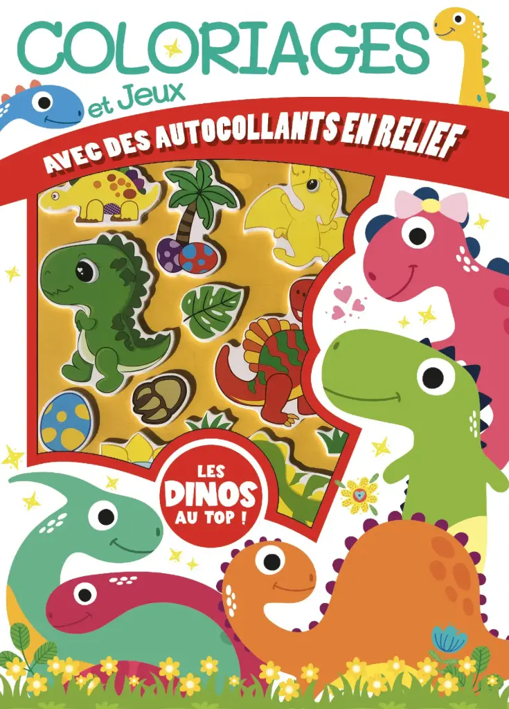 Coloriages et Jeux avec autocollants scintillants en relief - Les dinos