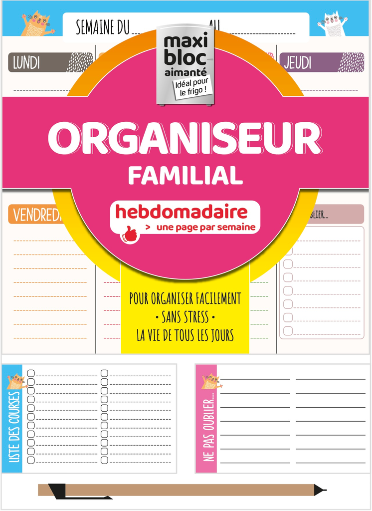 Organiseur familial - Maxi bloc aimanté ROSE + 1 porte mine