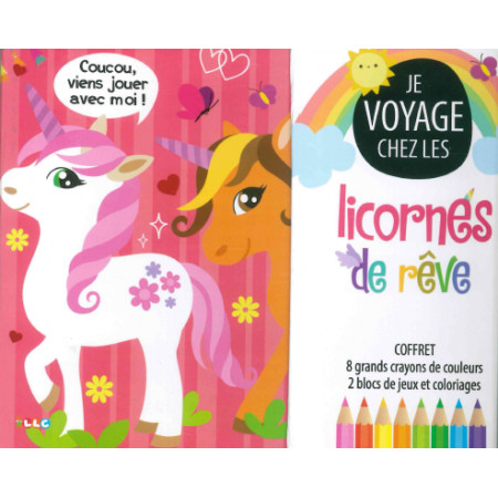 Je voyage chez les licornes de rêve - coffret 2 blocs + 8 crayons