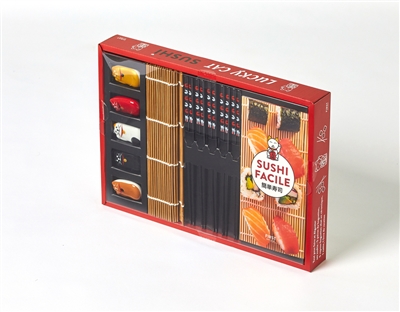 Sushi Lucky cat - Sushi facile. Coffret avec 5 paires de baguettes, 5 repose-baguettes, 1 natte et 1 livre de recettes 